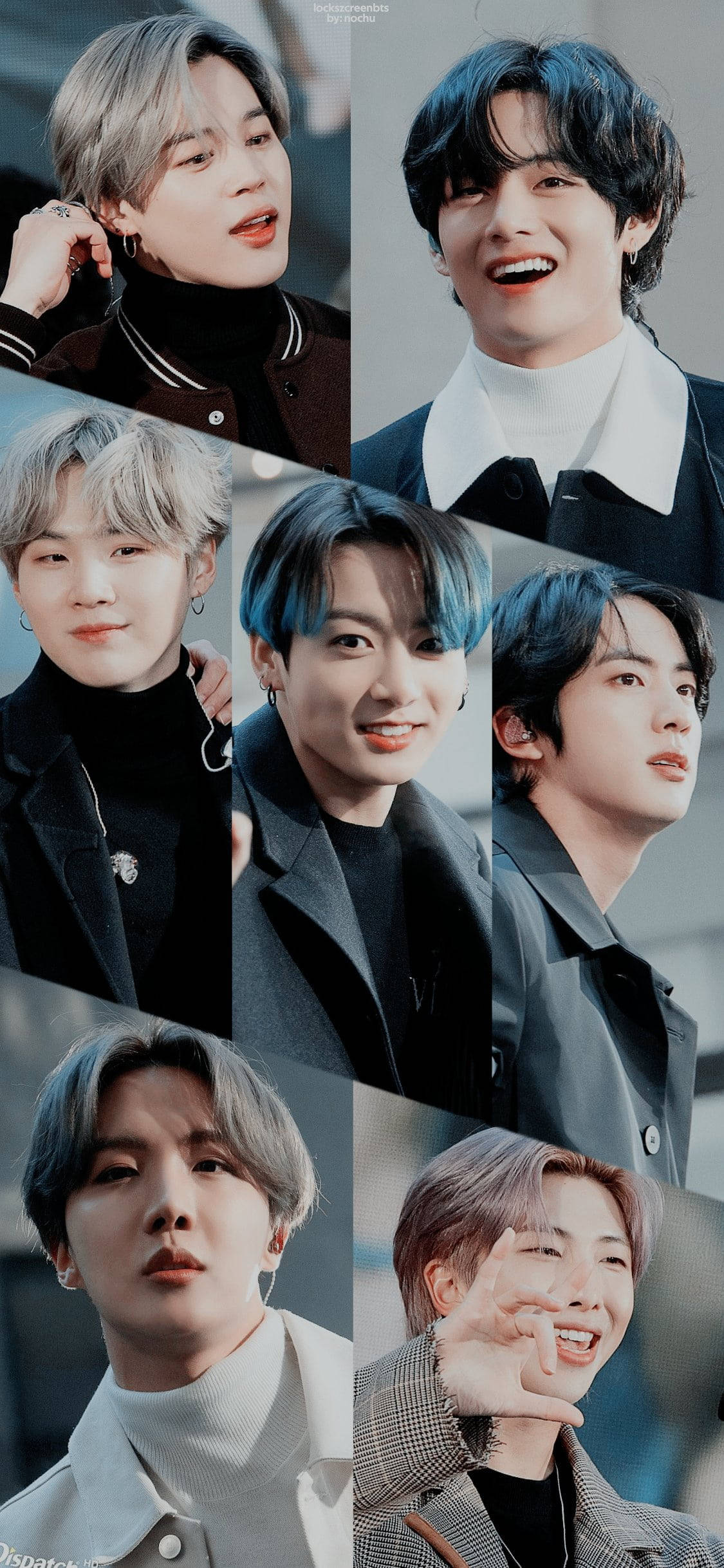 BTS 桌布 壁紙 — 一幅充滿活力的拼貼畫，描繪七位年輕男士，擁有時尚髮型和富有表現力的面孔，身穿深色調服裝。