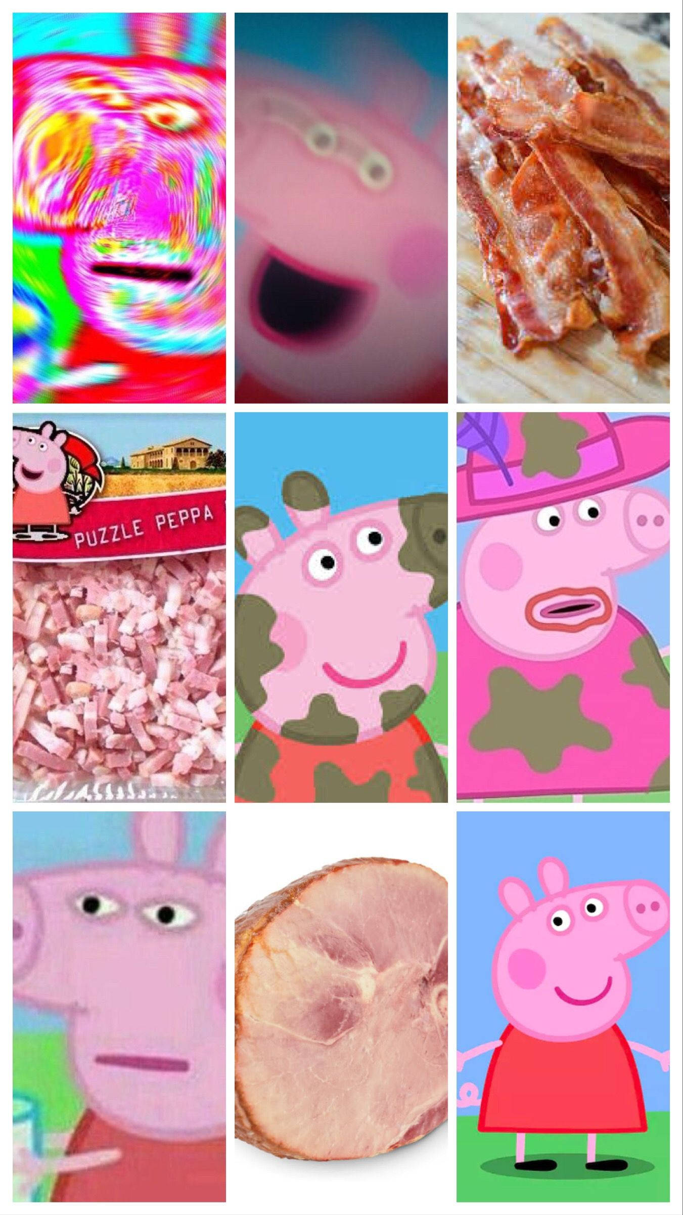 Baddie Peppa Pig 桌布 壁紙 — 一幅充滿活力的拼貼畫，描繪了 Peppa Pig 卡通角色和各種培根和火腿切片。