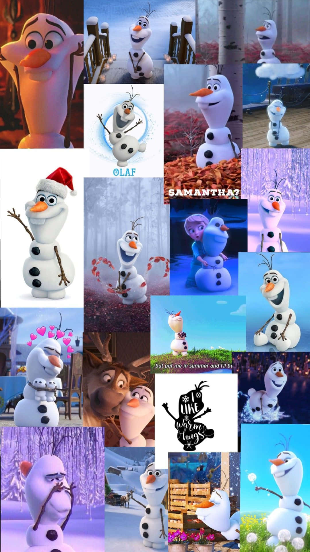 桌布 壁紙 — 一幅充滿活力的拼貼畫，描繪了《冰雪奇緣》中的雪人雪寶（Olaf）在各種歡樂姿勢和雪景中的模樣。