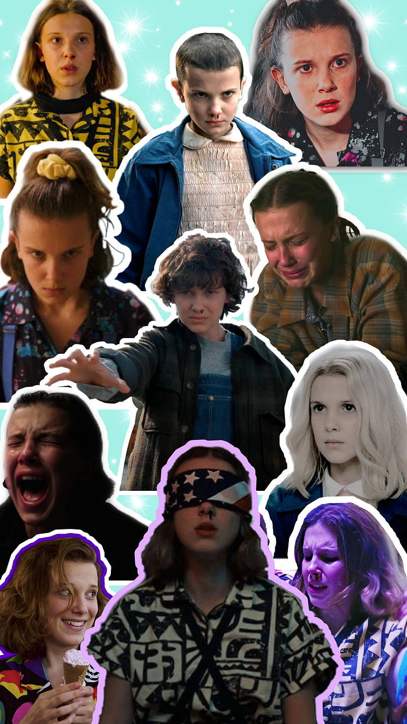 Aesthetic Stranger Things Eleven 桌布 壁紙 — 一幅充滿活力的拼貼畫，描繪了《怪奇物語》中的 Eleven 和其他角色，帶有發光的閃爍效果和紫色輪廓，背景為青綠色。