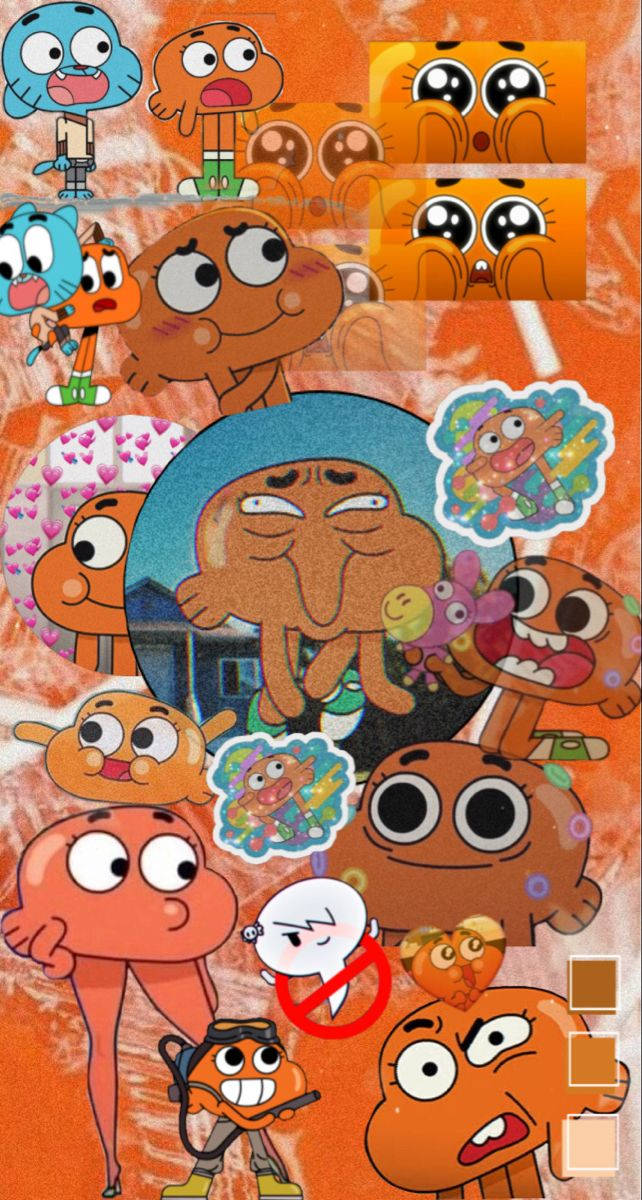魚 桌布 壁紙 — 一幅充滿活力的拼貼畫，描繪了《阿甘妙世界》角色在紋理橙色背景上擺出富有表現力的姿勢。
