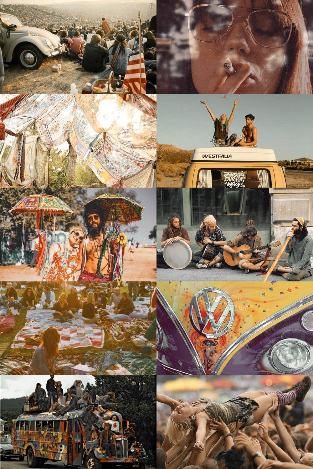 Woodstock 桌布 壁紙 — 一幅充滿活力的拼貼畫，描繪了1960年代的反文化場景，包括VW巴士、迷幻布料以及人們在溫暖陽光下享受戶外節日。
