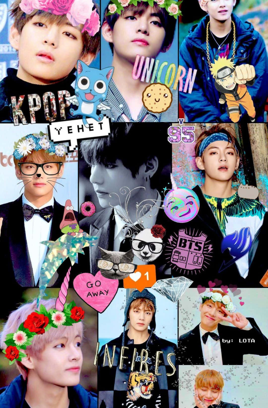 BTS 桌布 壁紙 — 一幅充滿活力的拼貼畫，描繪了BTS成員，裝飾有花環、卡通人物和流行文化圖案。