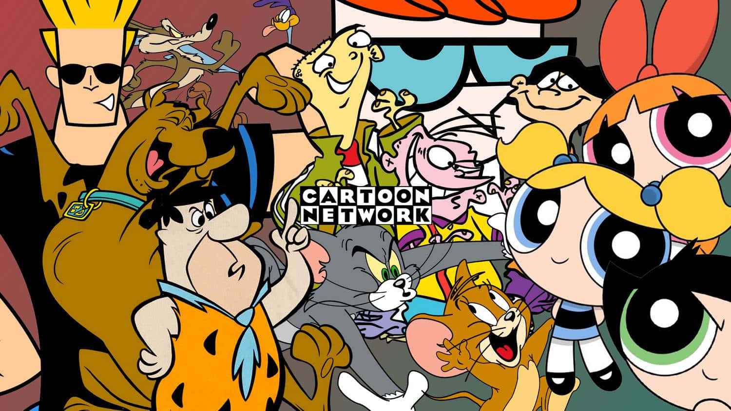 卡通頻道 桌布 壁紙 — 一幅充滿活力的拼貼畫，描繪了Cartoon Network的標誌性角色，如飛天小女警和史酷比一起擺姿勢。