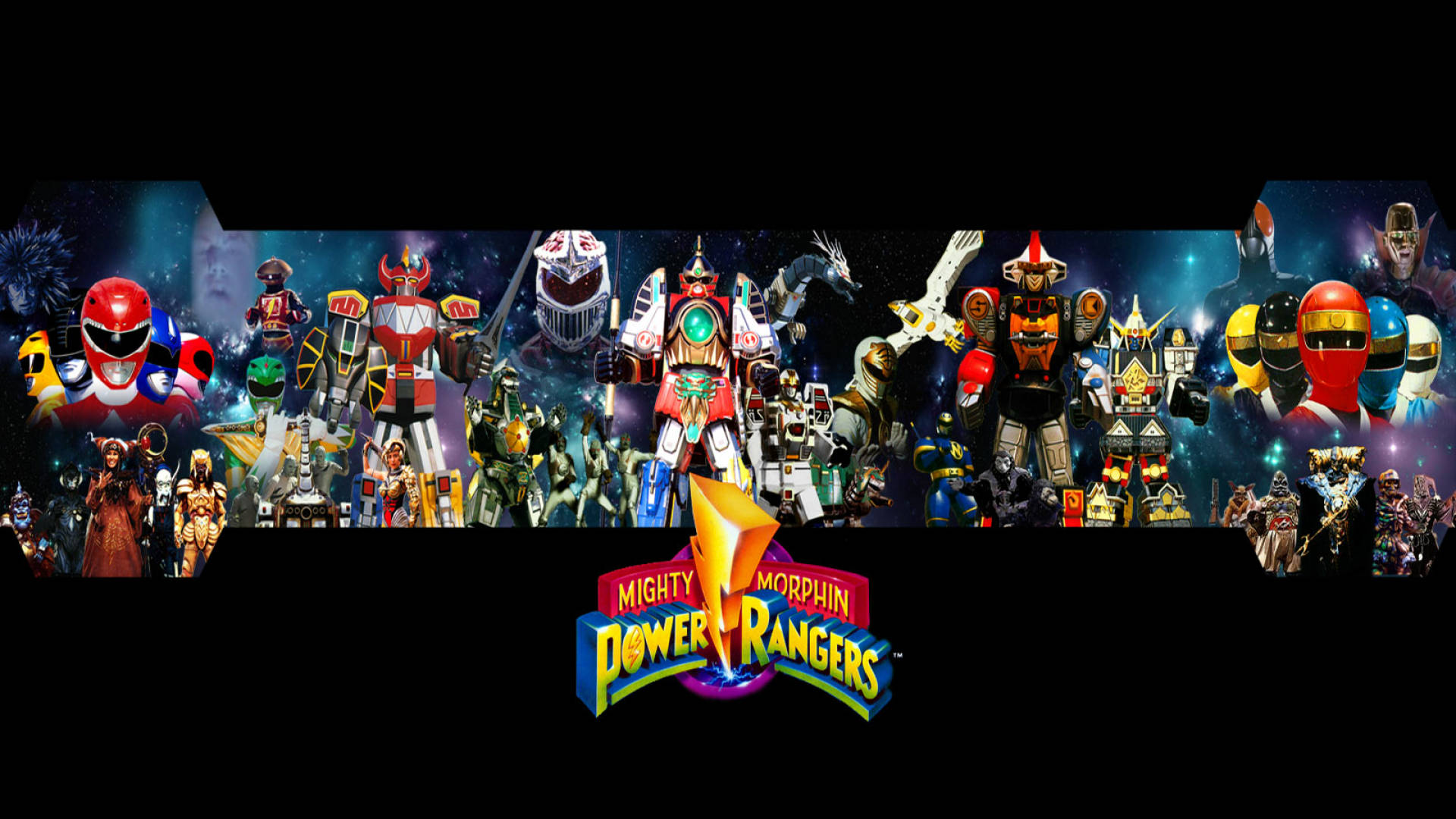 Power 桌布 壁紙 — 一幅充滿活力的拼貼畫，描繪了Mighty Morphin Power Rangers及其Zord怪物在宇宙背景下的場景，下方是標誌性標誌。