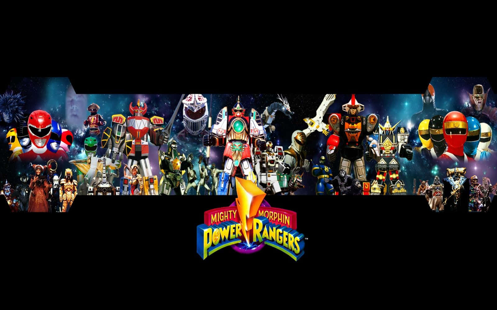金剛戰士 桌布 壁紙 — 一幅充滿活力的拼貼畫，描繪了Mighty Morphin Power Rangers及其盟友身穿色彩繽紛的盔甲，背景為宇宙星空。