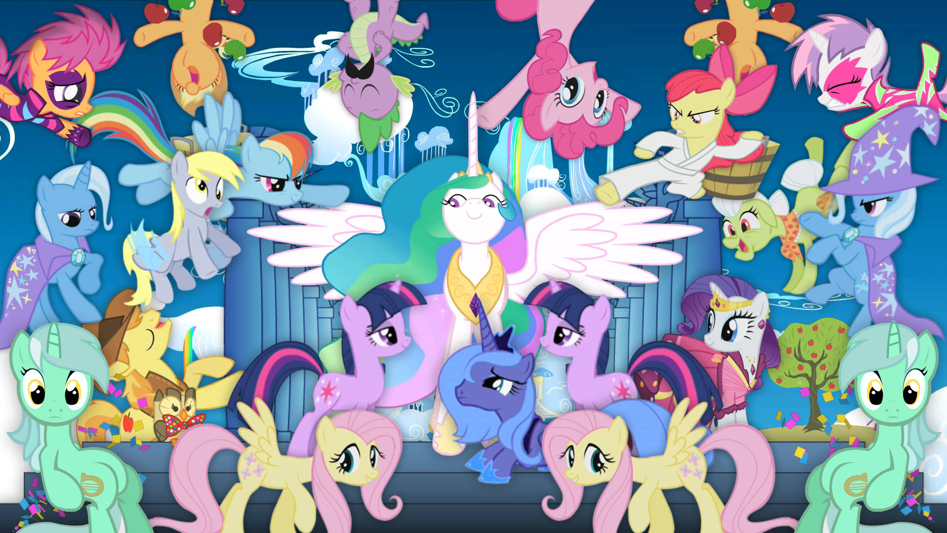 My Little Pony Desktop 桌布 壁紙 — 一幅充滿活力的拼貼畫，描繪了My Little Pony角色在深藍色背景上擺出色彩繽紛的姿勢。