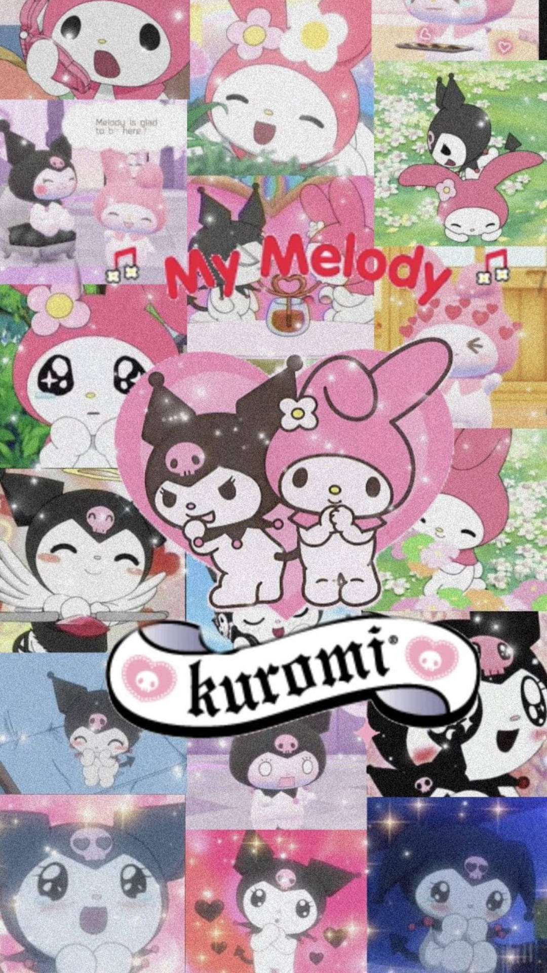 我的旋律 桌布 壁紙 — 一幅充滿活力的拼貼畫，描繪了My Melody和Kuromi角色在粉紅色花卉場景中，帶有閃光和心形圖案。