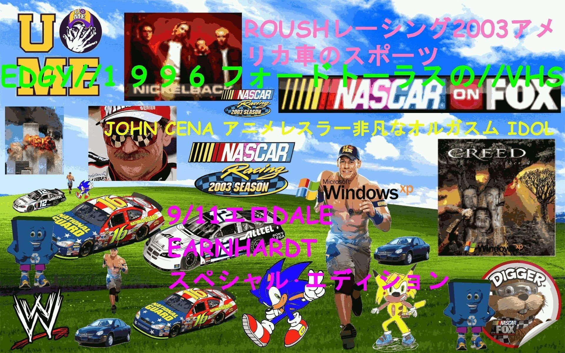 2000s 桌布 壁紙 — 一幅充滿活力的拼貼畫，描繪了NASCAR賽車、WWE摔角手、動漫角色和電子遊戲標誌，背景是藍天下的綠色田野。
