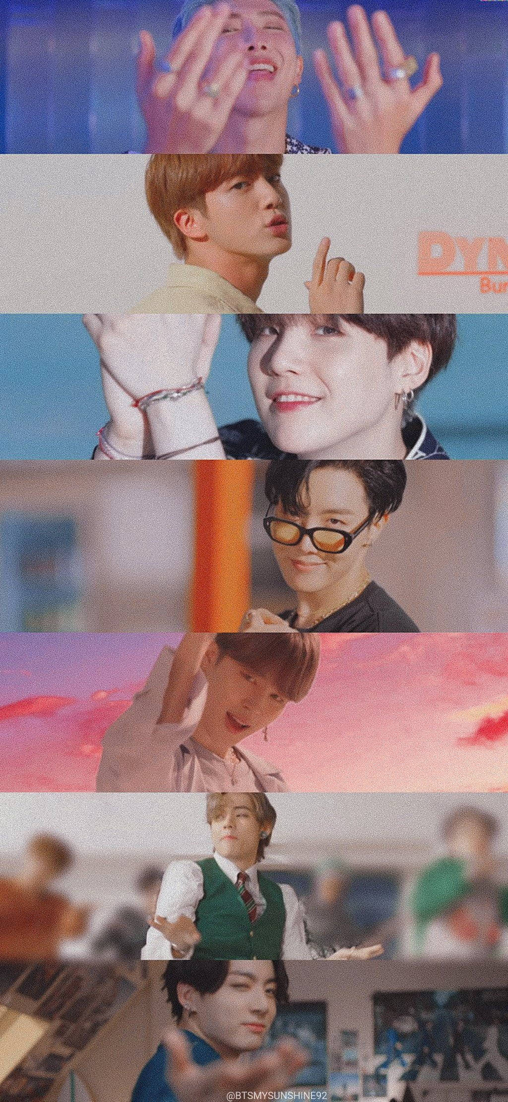 BTS 桌布 壁紙 — 一幅充滿活力的拼貼畫，描繪了七位K-pop偶像在色彩繽紛、風格化的背景前，以富有表現力的姿勢擺拍。