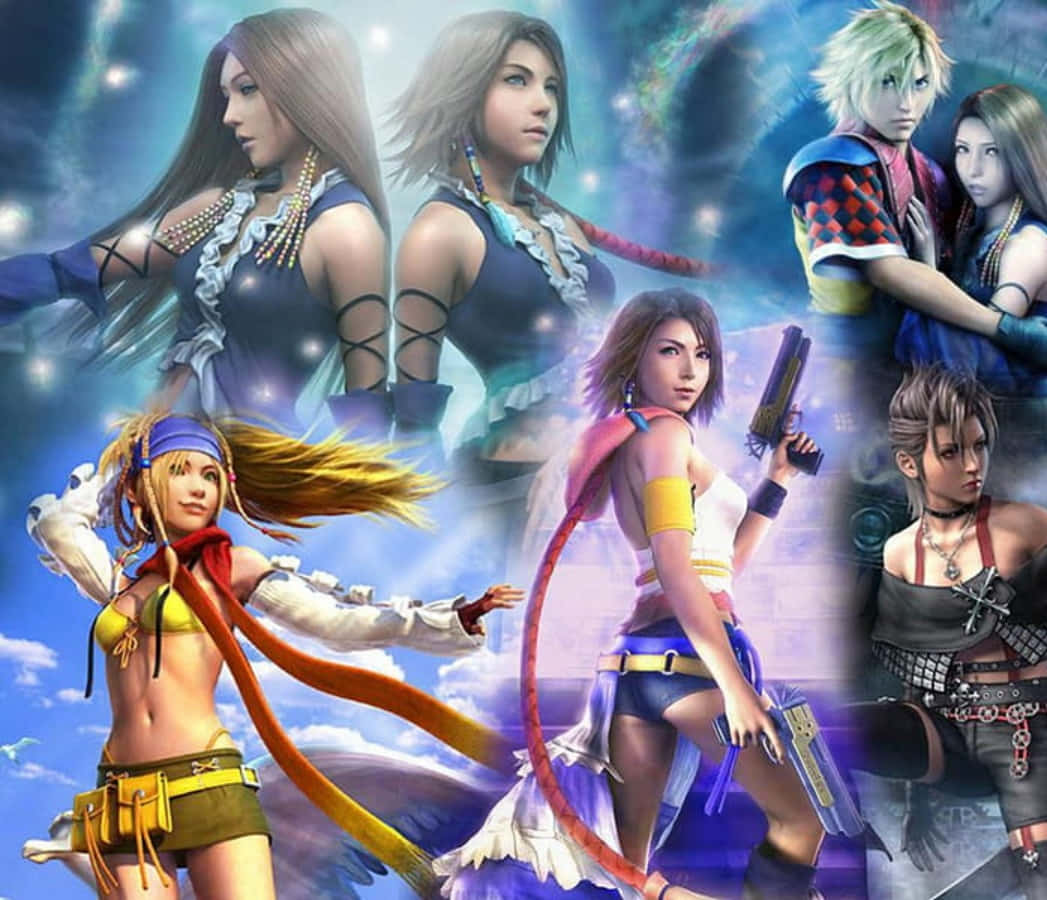 Final Fantasy Characters 桌布 壁紙 — 一幅充滿活力的拼貼畫，描繪了七個動漫風格女性角色在閃爍星空的宇宙天空下擺出動態姿勢。