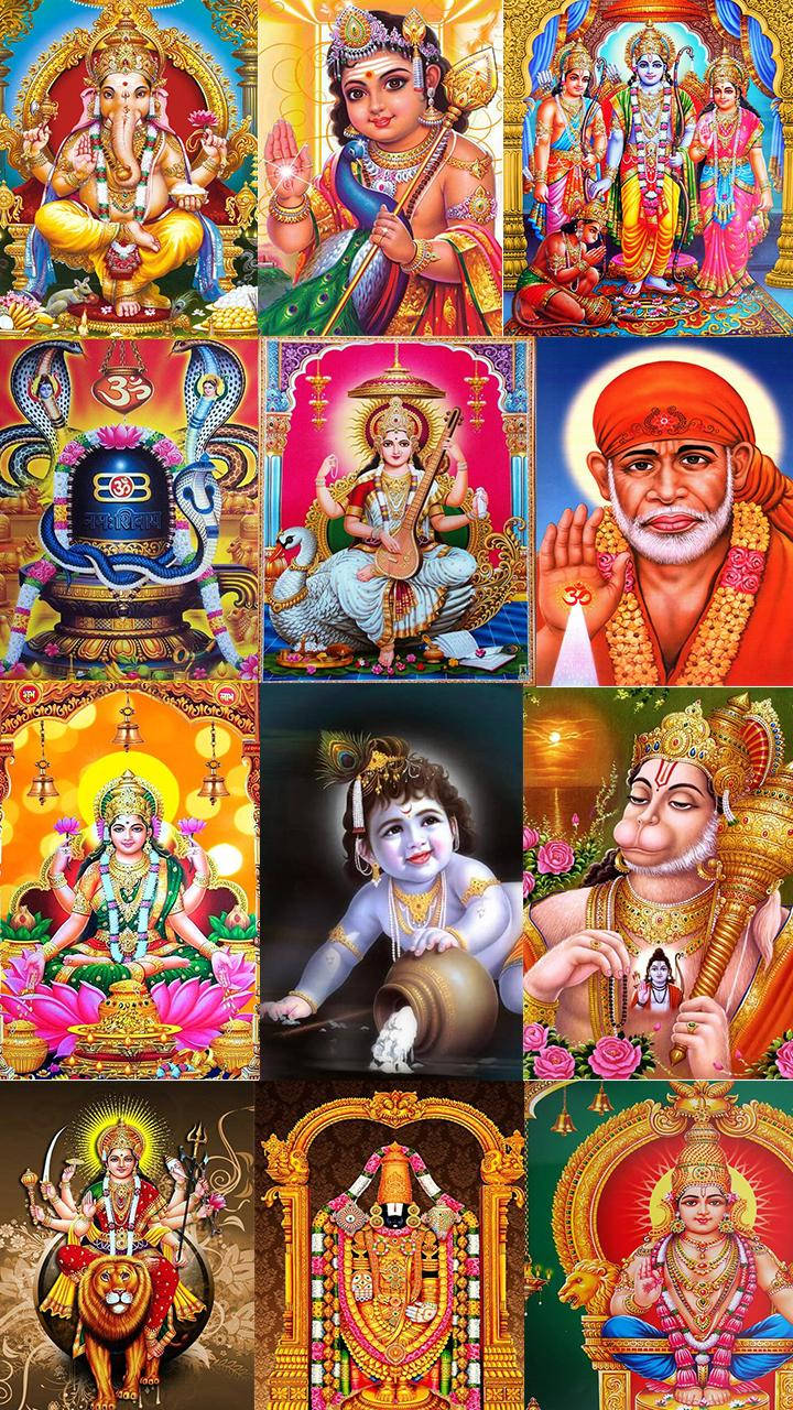 Indian 桌布 壁紙 — 一幅充滿活力的拼貼畫，描繪了九位印度教神祇和聖人，採用豐富細節、色彩繽紛的傳統圖像，帶有金色光環和華麗珠寶。