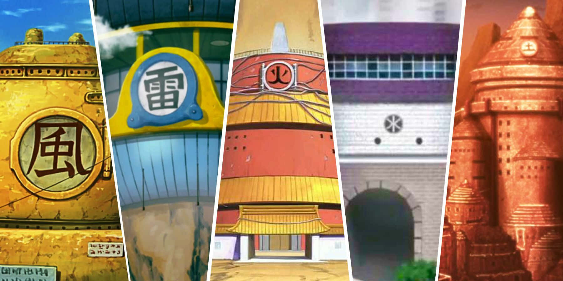 Naruto Village 桌布 壁紙 — 一幅充滿活力的拼貼畫，描繪了五座動畫村莊塔樓，每座塔樓在晴朗的天空下都有獨特的元素符號和建築風格。