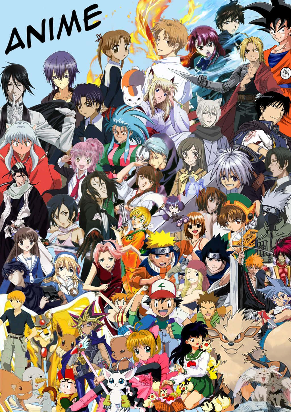 Anime Collage 桌布 壁紙 — 一幅充滿活力的拼貼畫，描繪了來自不同系列的標誌性動漫角色在明亮的藍天下一起擺姿勢。
