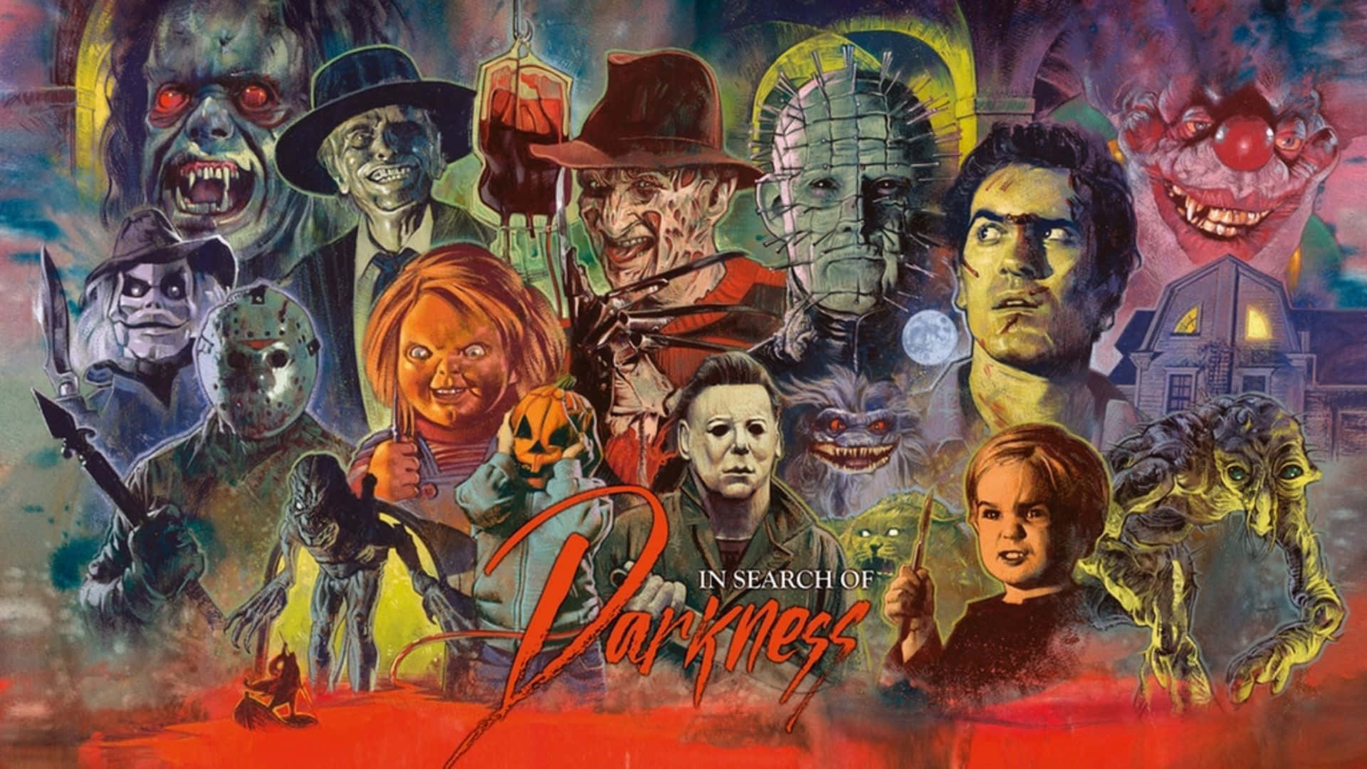 Horror Icons 桌布 壁紙 — 一幅充滿活力的拼貼畫，描繪了像弗雷迪·克魯格和邁克爾·邁爾斯這樣的標誌性恐怖電影反派，背景是黑暗的超現實背景。