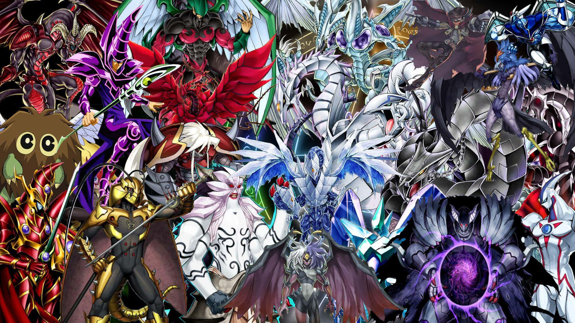 Yugioh Dragons 桌布 壁紙 — 一幅充滿活力的拼貼畫，描繪了動漫風格的怪物和角色，以動態姿勢呈現，帶有發光效果和銳利的金屬細節。