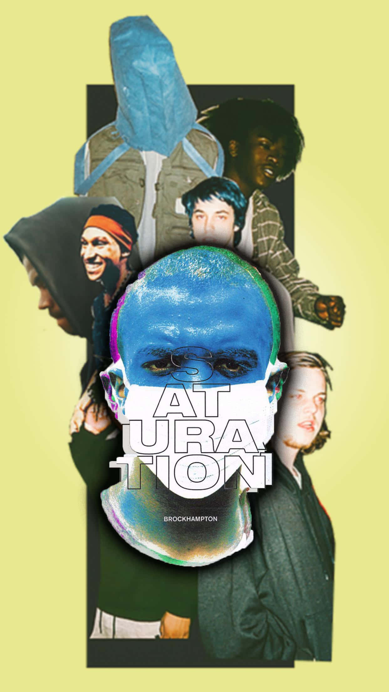 Brockhampton 桌布 壁紙 — 一幅充滿活力的拼貼畫，描繪了多元化的年輕男性，帶有鮮豔色彩和故障藝術效果，背景為淡黃色。