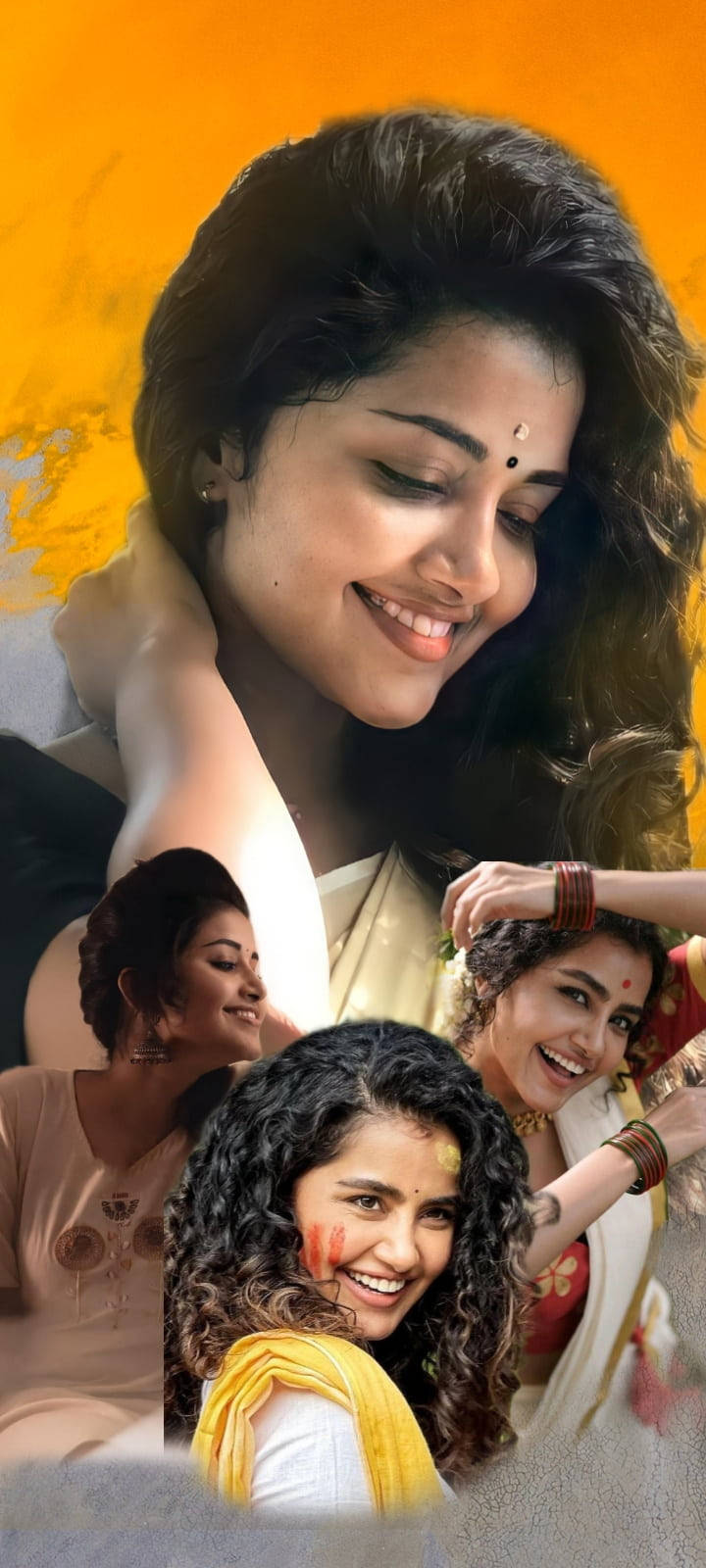 anupama parameswaran 桌布 壁紙 — 一幅充滿活力的拼貼畫，描繪了微笑的印度女性穿著傳統服飾，背景為溫暖的橙色。