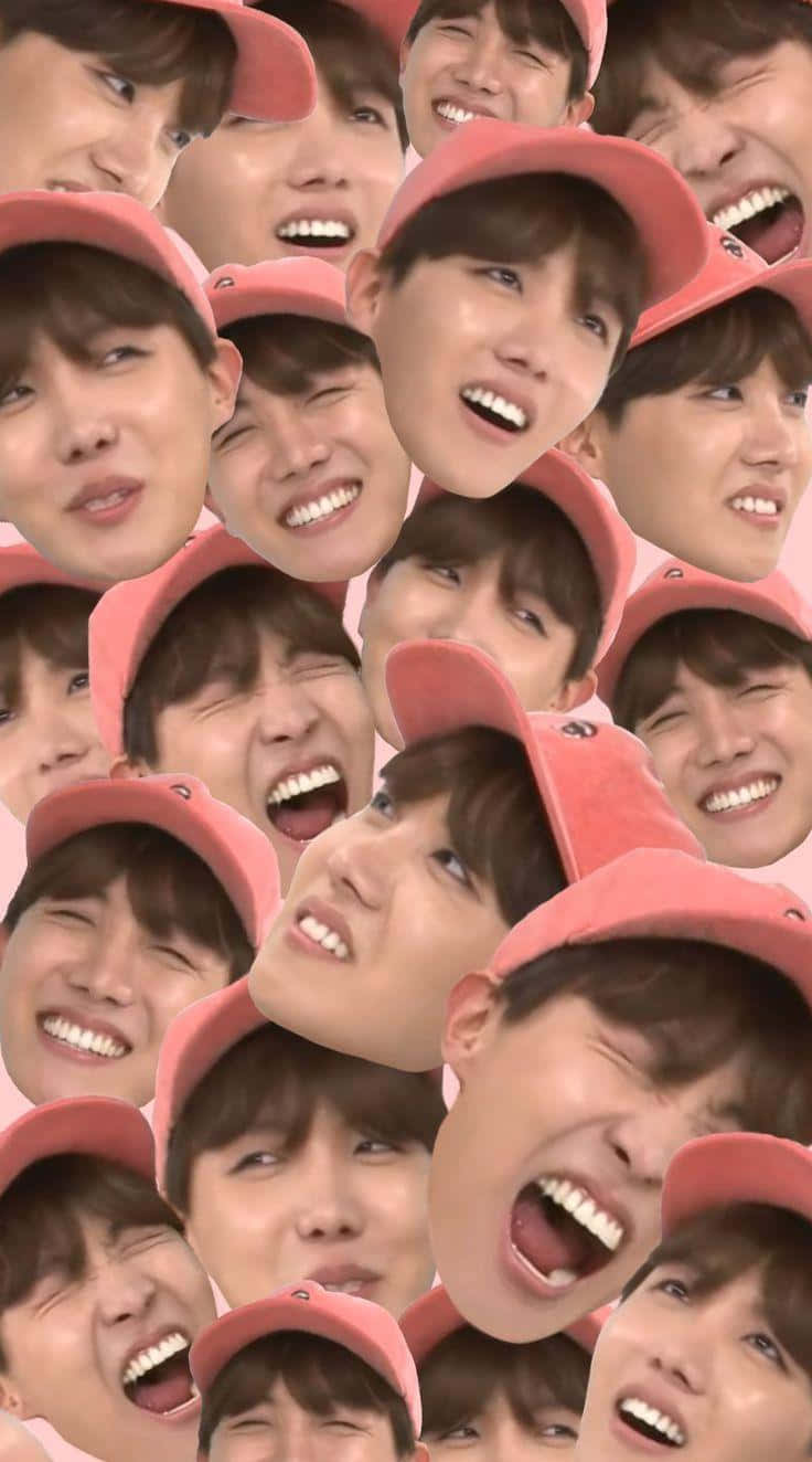 Bts Funny 桌布 壁紙 — 一幅充滿活力的拼貼畫，描繪了戴著粉紅色帽子的快樂年輕男子，帶著誇張的表情大笑和微笑。