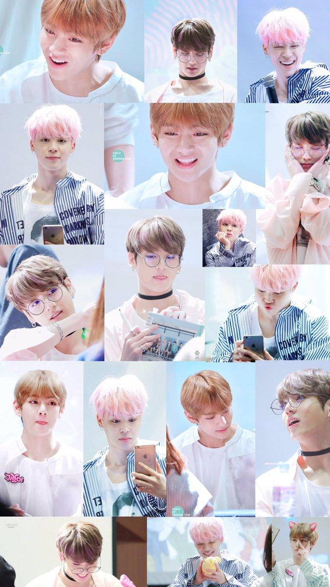 Jikook 桌布 壁紙 — 一幅充滿活力的拼貼畫，描繪了擁有彩色頭髮和眼鏡的年輕男性，穿著休閒服裝微笑或擺姿勢。