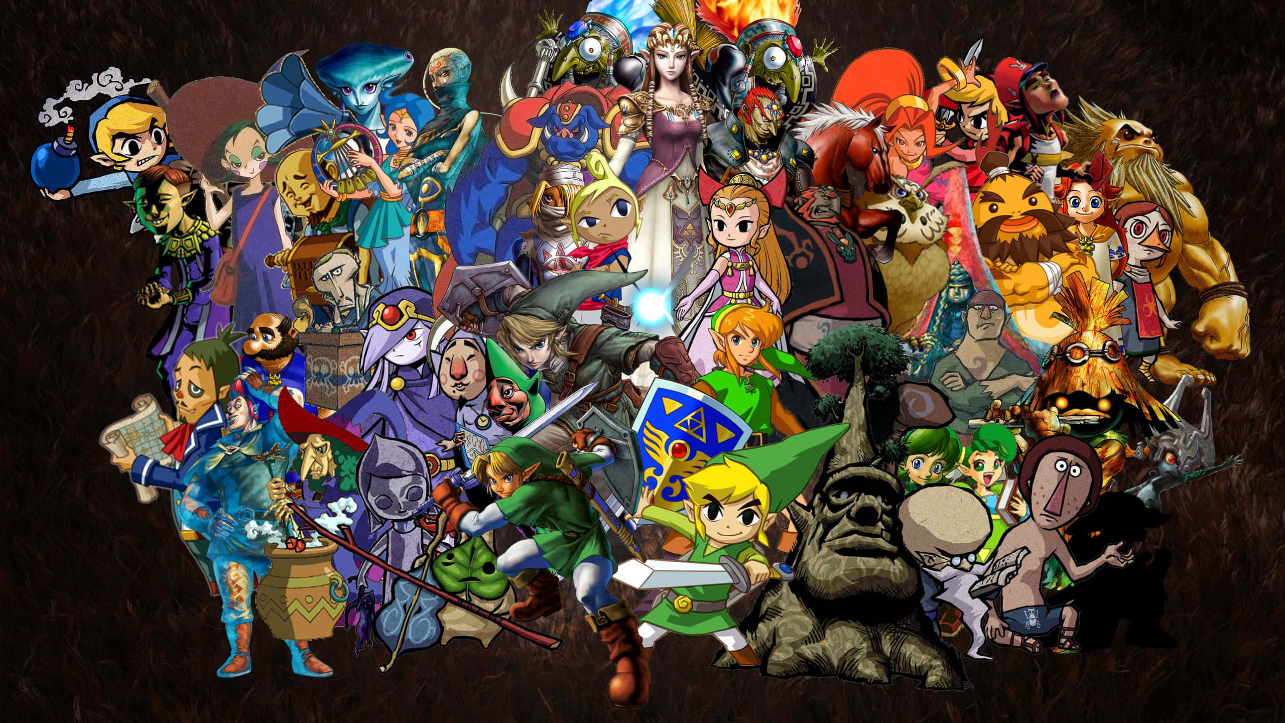 The Legend Of Zelda Characters 桌布 壁紙 — 一幅充滿活力的拼貼畫，描繪了標誌性的薩爾達傳說角色在深色紋理背景前擺出動態姿勢。