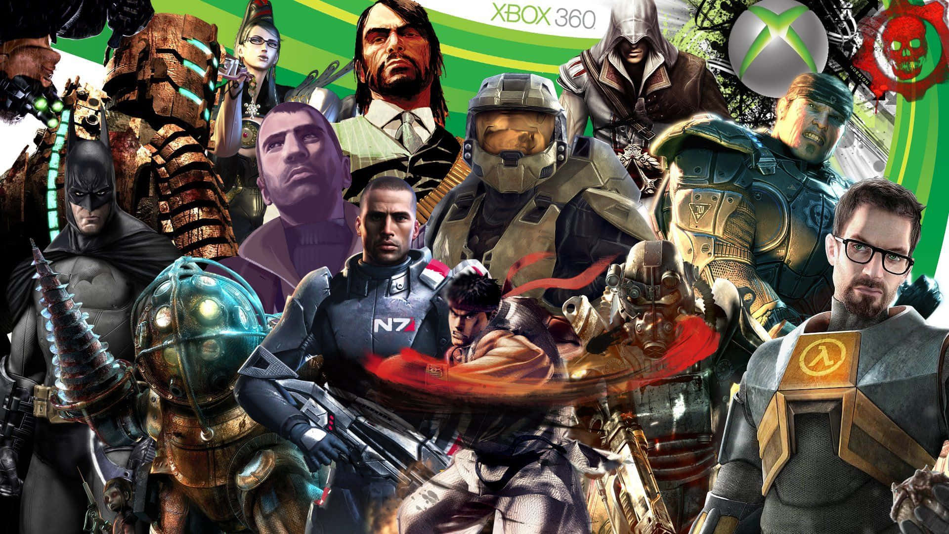 Xbox Games 桌布 壁紙 — 一幅充滿活力的拼貼畫，描繪了標誌性的 Xbox 360 電子遊戲角色在綠色和白色背景上擺出動態姿勢。