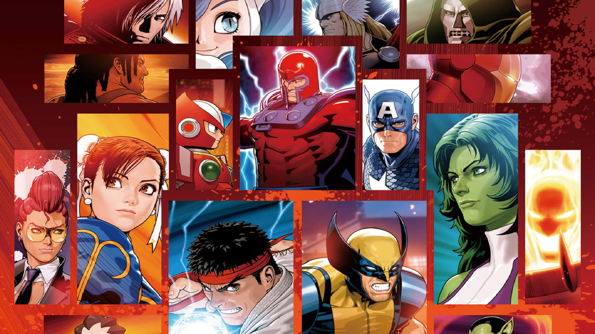 Marvel Vs Capcom Characters 桌布 壁紙 — 一幅充滿活力的拼貼畫，描繪了標誌性的漫畫英雄和反派在火紅背景前擺出動態姿勢。