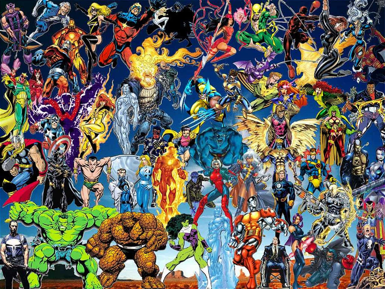 Comics 桌布 壁紙 — 一幅充滿活力的拼貼畫，描繪了標誌性的漫畫超級英雄和反派，在深藍色背景上充滿動態姿勢和大膽色彩。