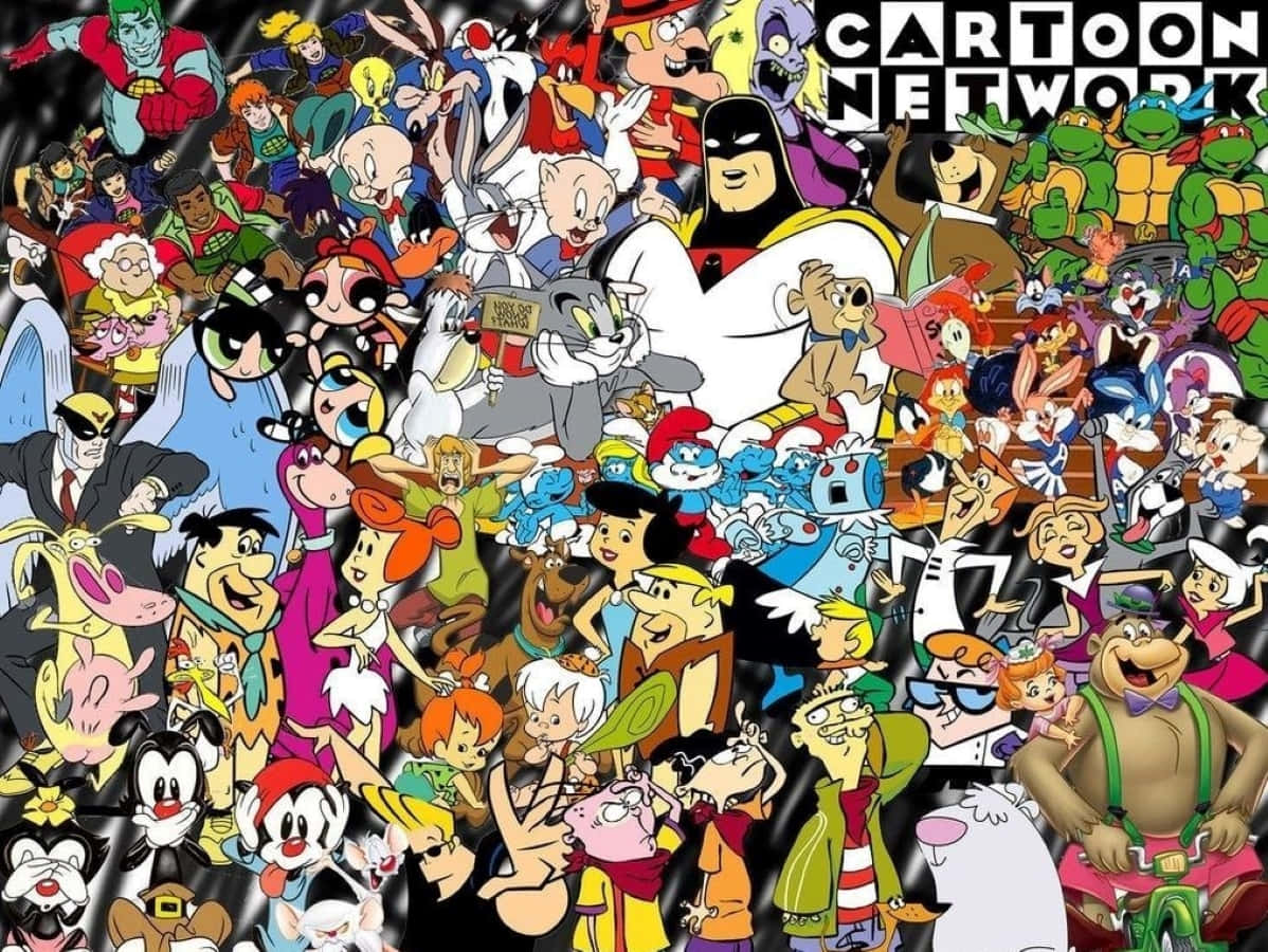 Vintage Cartoon Aesthetic 桌布 壁紙 — 一幅充滿活力的拼貼畫，描繪了標誌性的卡通頻道角色，在深色背景上迸發出色彩繽紛的能量。