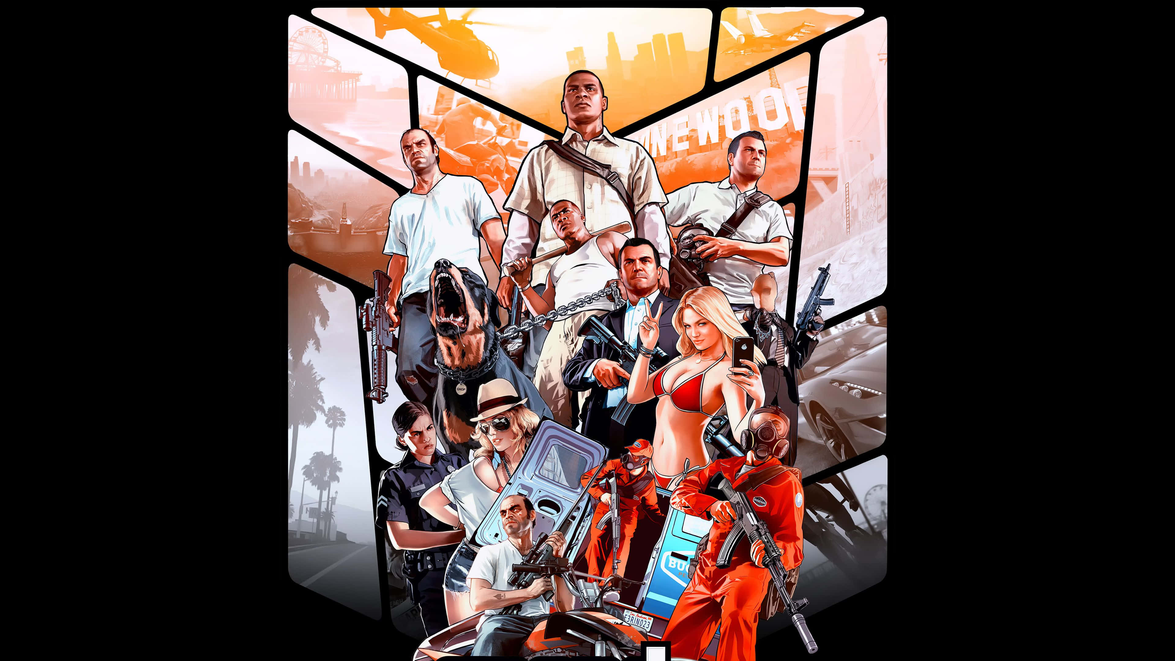 GTA 5 動圖 桌布 壁紙 — 一幅充滿活力的拼貼畫，描繪了武裝角色和一隻狗，採用橙黑色調的風格化遊戲海報。