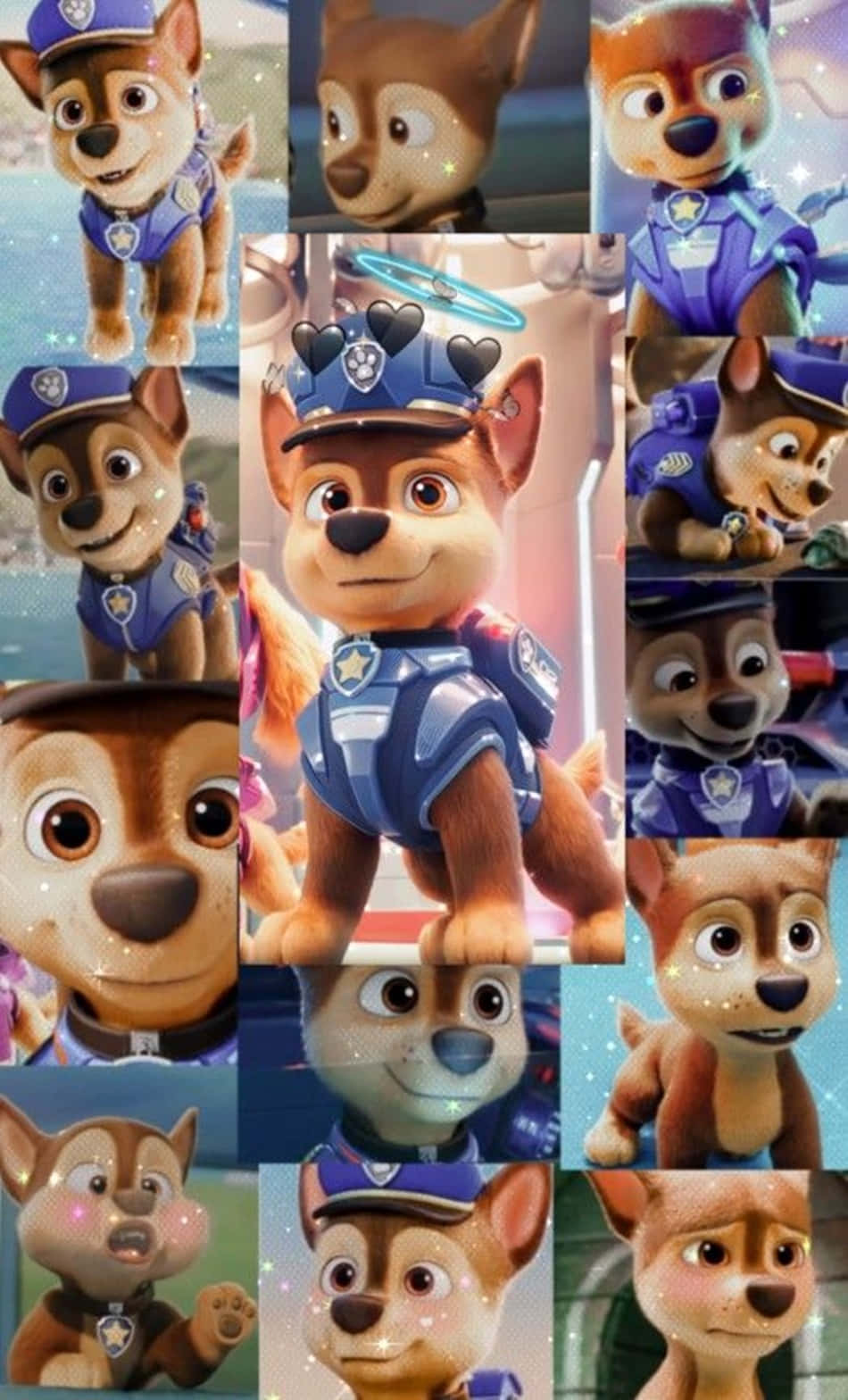 Chase Paw Patrol 桌布 壁紙 — 一幅充滿活力的拼貼畫，描繪了汪汪隊立大功中的阿奇在各種警察主題姿勢和表情。