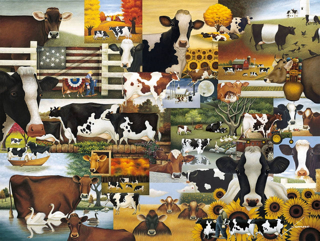 farm animals 桌布 壁紙 — 一幅充滿活力的拼貼畫，描繪了牛群在田園風光中，配有向日葵、穀倉和美國國旗圖案。