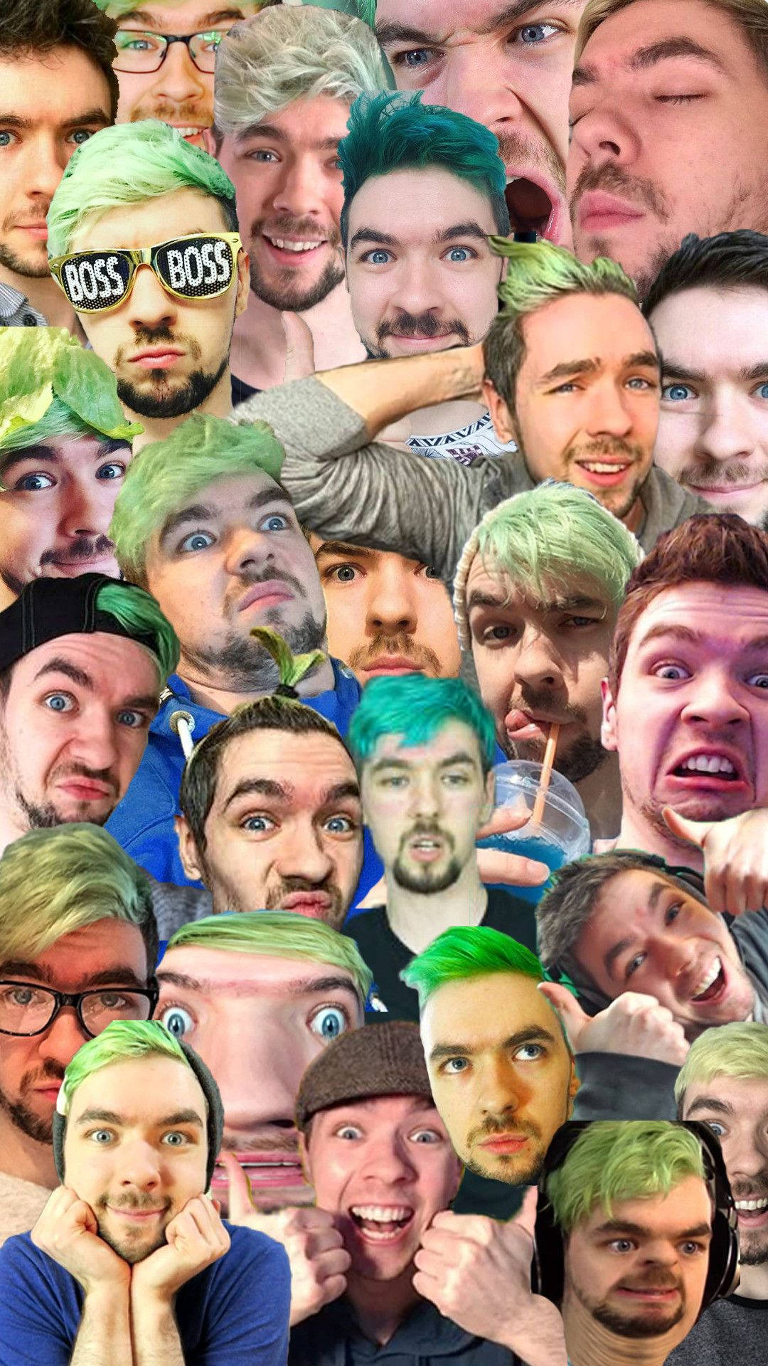 Jacksepticeye 桌布 壁紙 — 一幅充滿活力的拼貼畫，描繪了綠髮年輕男子誇張的表情，構成混亂而充滿能量的畫面。