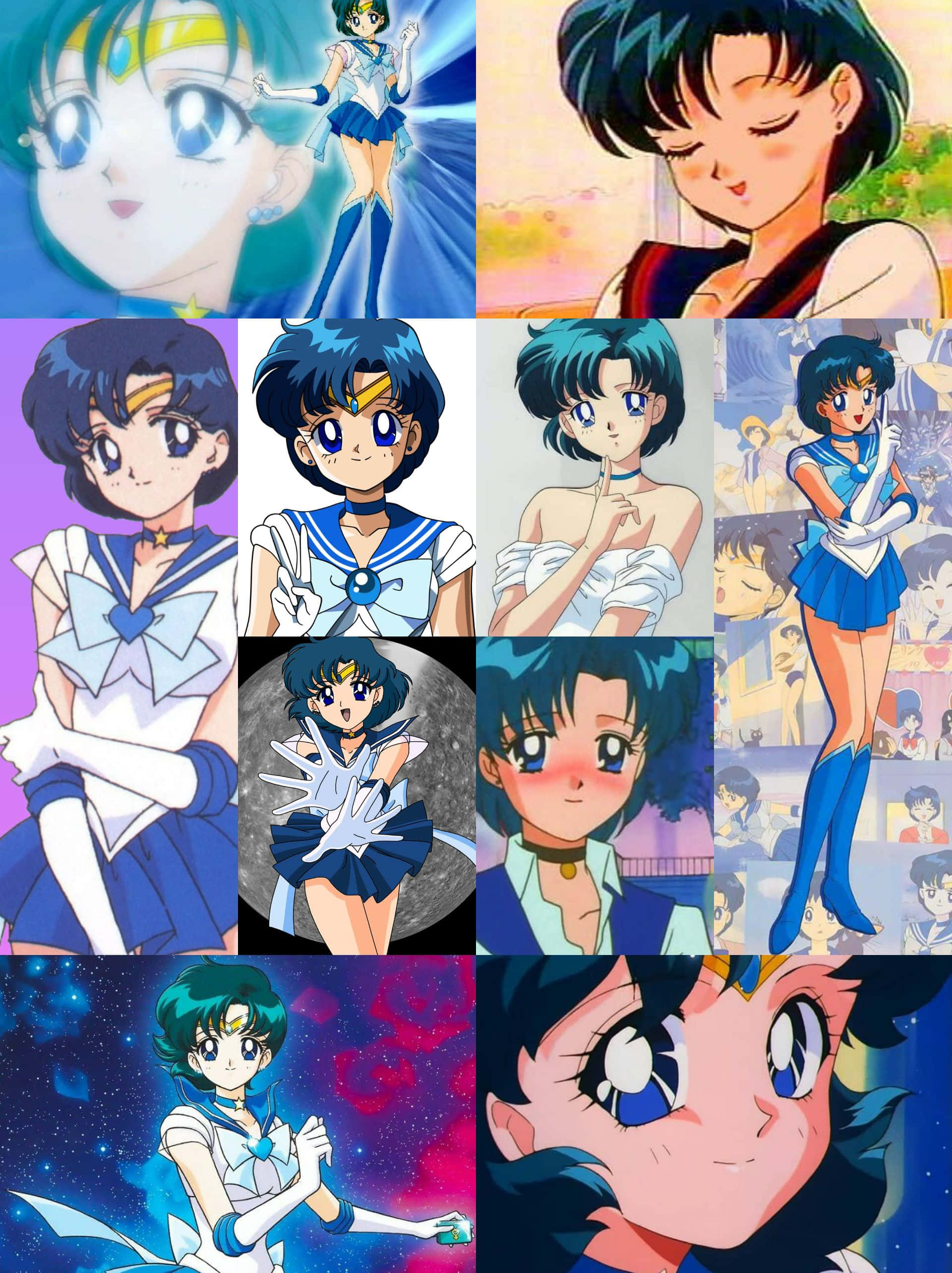 Sailor Mercury 桌布 壁紙 — 一幅充滿活力的拼貼畫，描繪了美少女戰士角色在色彩繽紛的背景前擺出各種姿勢和服裝。