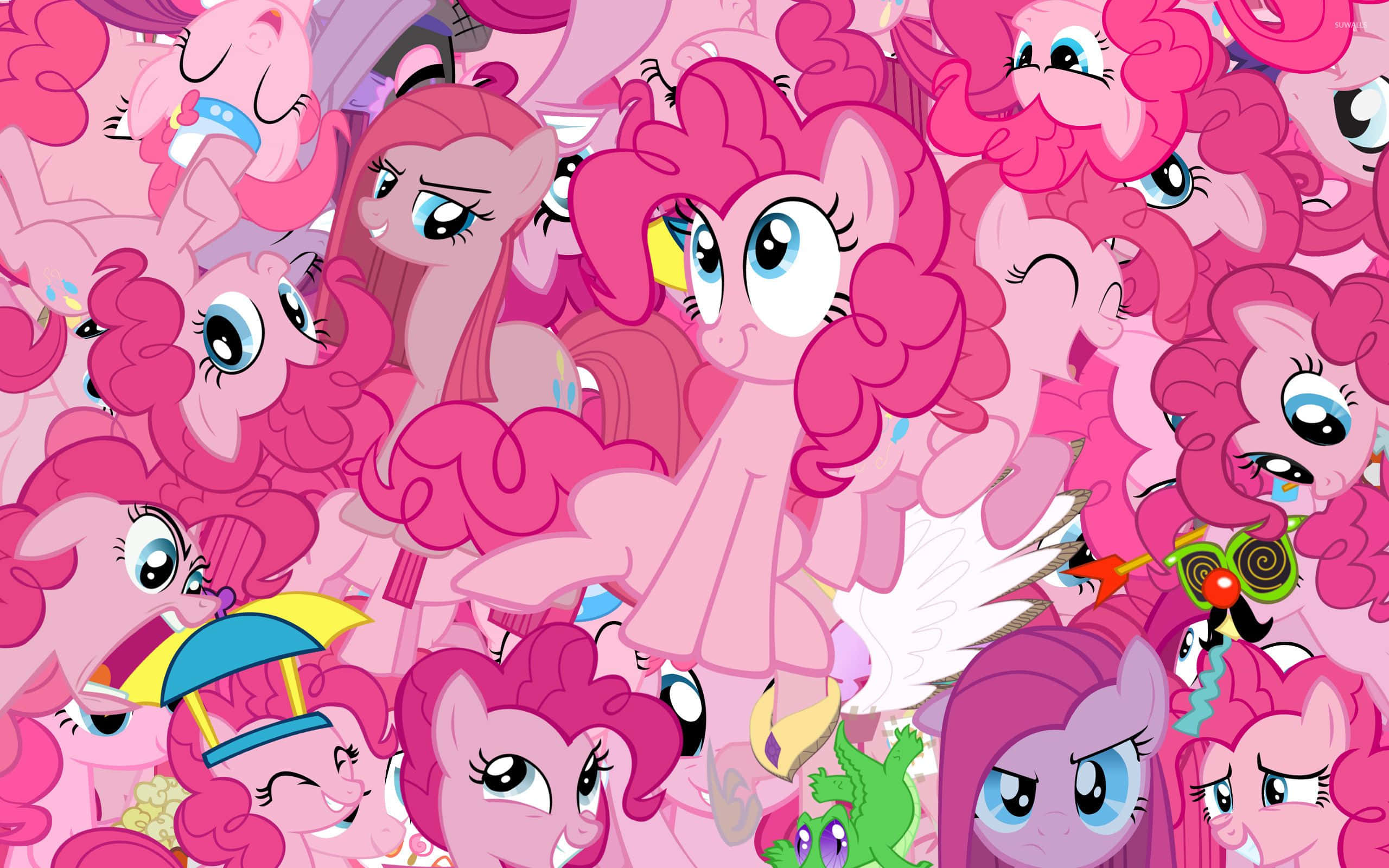 pinkie pie 桌布 壁紙 — 一幅充滿活力的拼貼畫，描繪了許多粉紅色鬃毛的小馬，擁有表情豐富的眼睛和俏皮的配飾，風格歡樂的卡通風格。