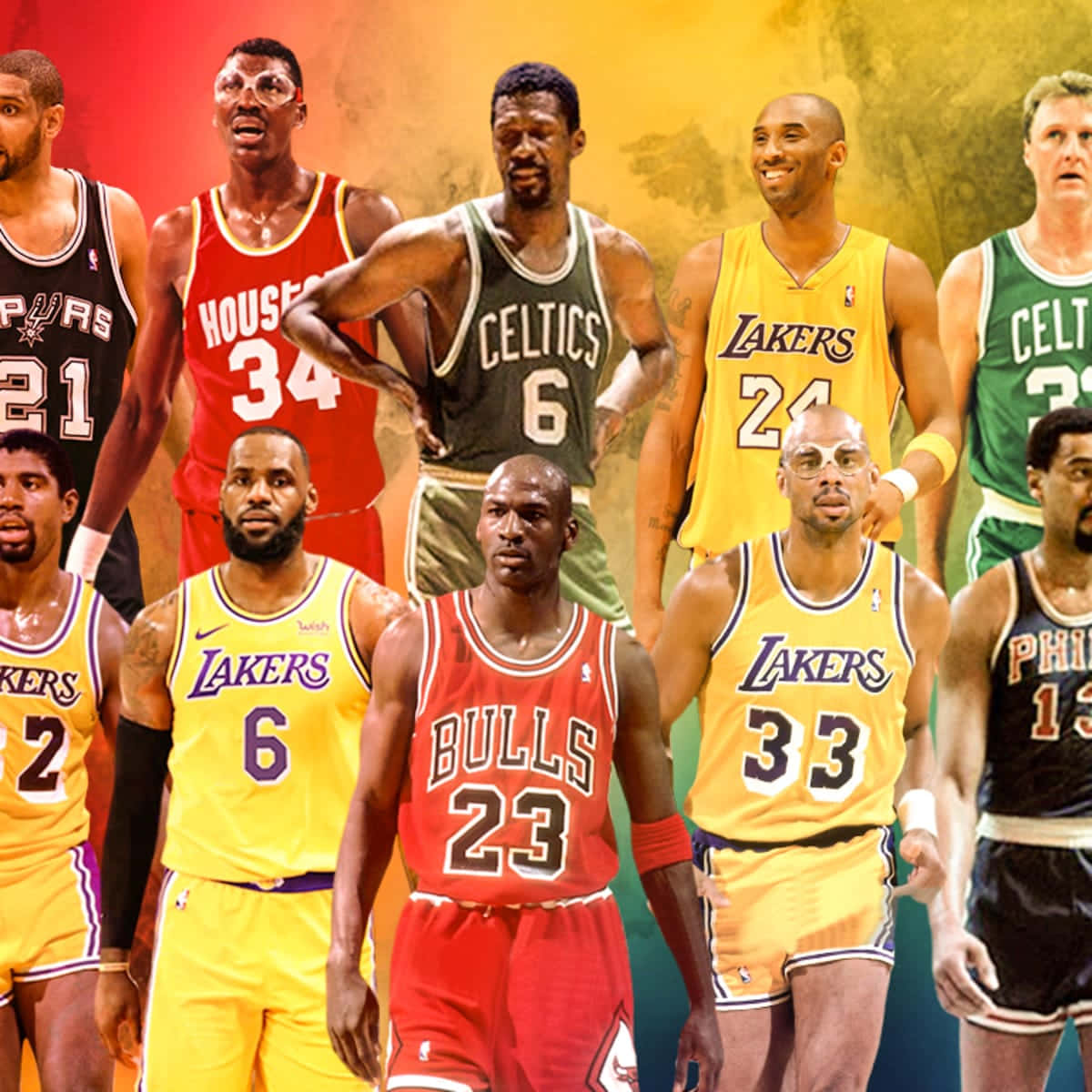 籃球 桌布 壁紙 — 一幅充滿活力的拼貼畫，描繪傳奇NBA籃球運動員穿著標誌性球隊球衣，在漸變背景前自信地擺出姿勢。