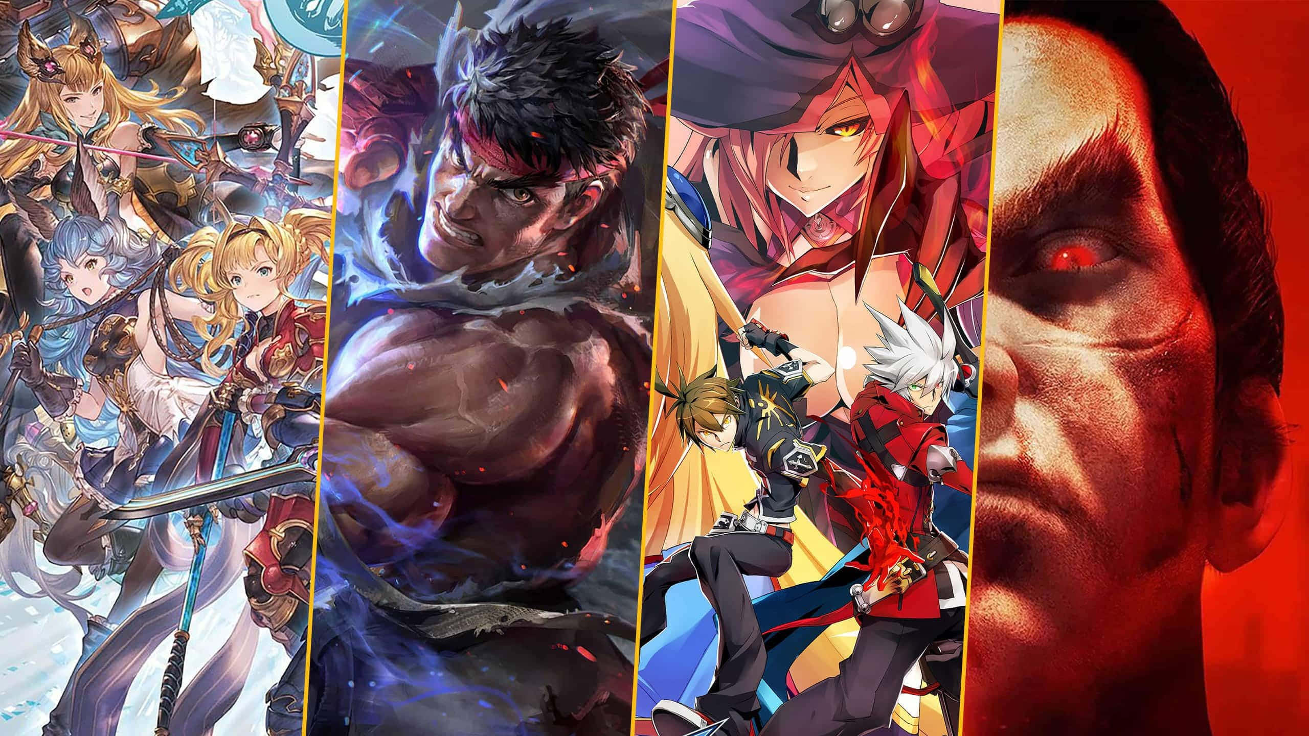 Fighting Games 桌布 壁紙 — 一幅充滿活力的拼貼畫，描繪動漫和遊戲角色以動態姿勢呈現，色彩大膽，燈光效果戲劇化。