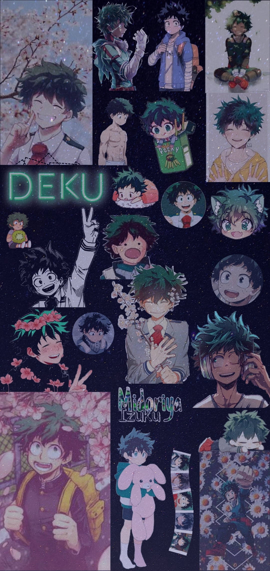 我的英雄學院 桌布 壁紙 — 一幅充滿活力的拼貼畫，描繪動漫角色 Deku 以各種姿勢和服裝，背景是星空夜晚和櫻花。