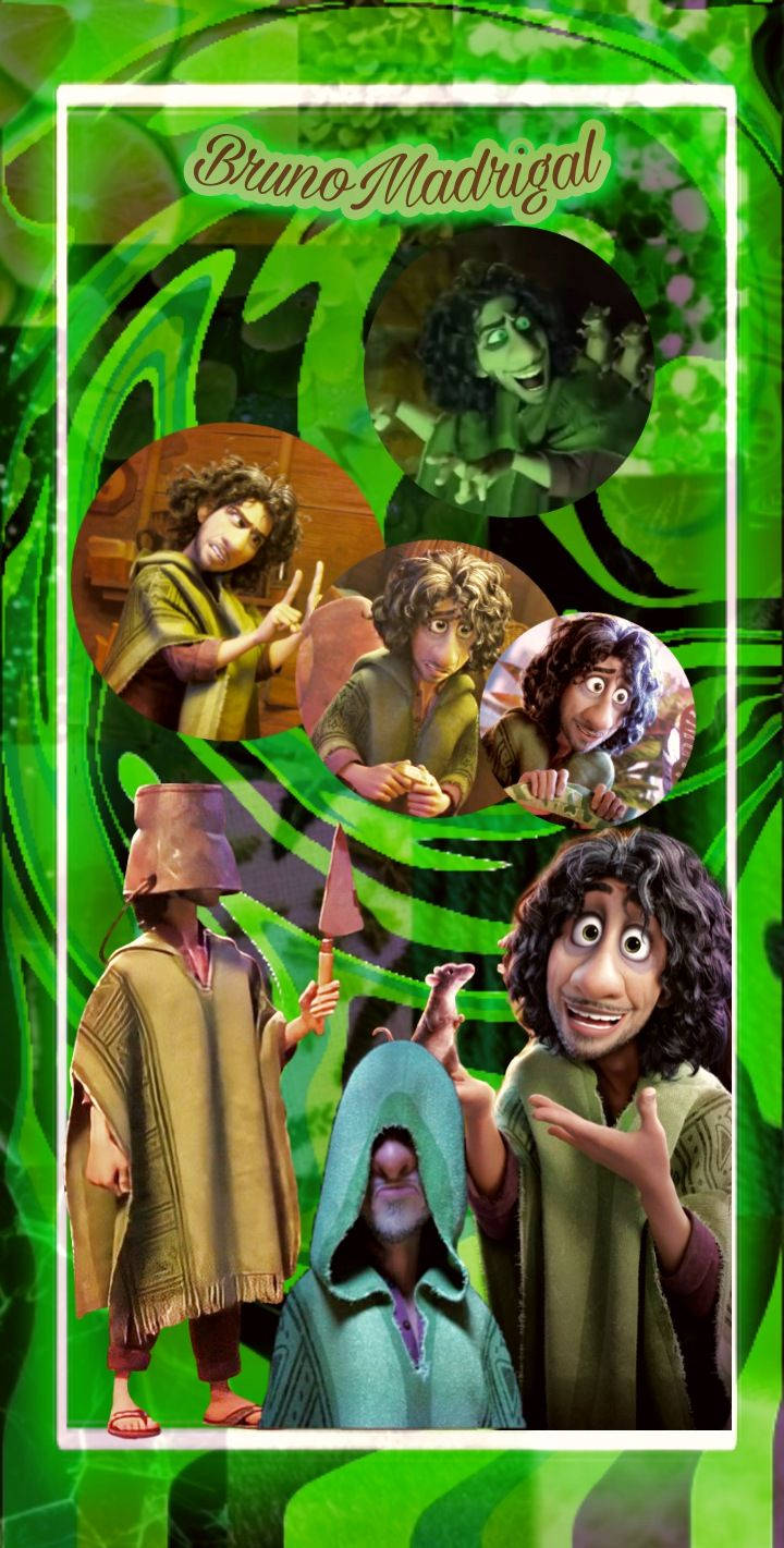 Bruno Madrigal 桌布 壁紙 — 一幅充滿活力的拼貼畫，描繪動畫角色布魯諾·馬德里加爾在旋轉的綠色背景前擺出各種富有表現力的姿勢。
