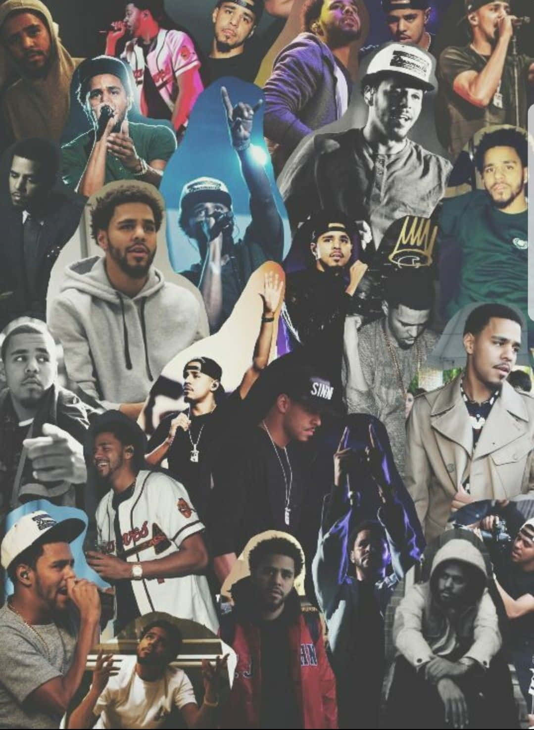 Rapper Collage 桌布 壁紙 — 一幅充滿活力的拼貼畫，描繪嘻哈藝術家在深色背景前擺出動態姿勢，穿著色彩繽紛的街頭服飾。