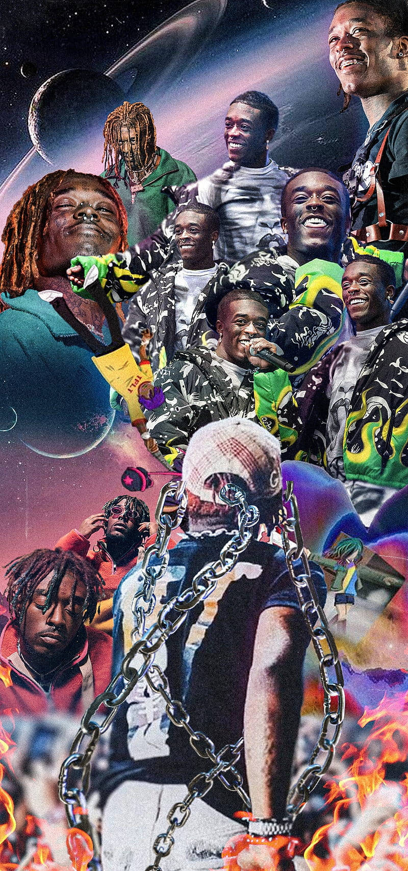Rap Aesthetic 桌布 壁紙 — 一幅充滿活力的拼貼畫，描繪微笑和嚴肅的黑人男性，背景是宇宙、火焰和鎖鏈。