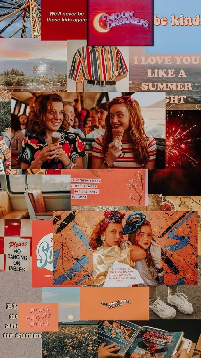 Aesthetic Stranger Things Eleven 桌布 壁紙 — 一幅充滿活力的拼貼畫，描繪懷舊夏日時光，包括微笑的女孩、冰淇淋、煙火、復古海報和復古時尚。