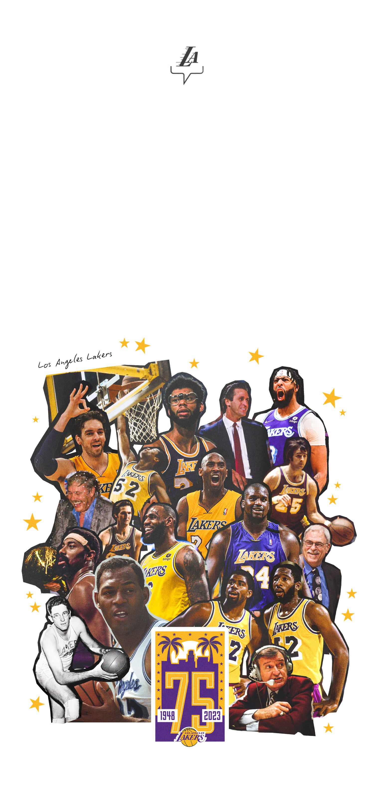 Aesthetic NBA 桌布 壁紙 — 一幅充滿活力的拼貼畫，描繪洛杉磯湖人隊的標誌性籃球運動員和教練，以金色球衣和星星點綴慶祝75週年。