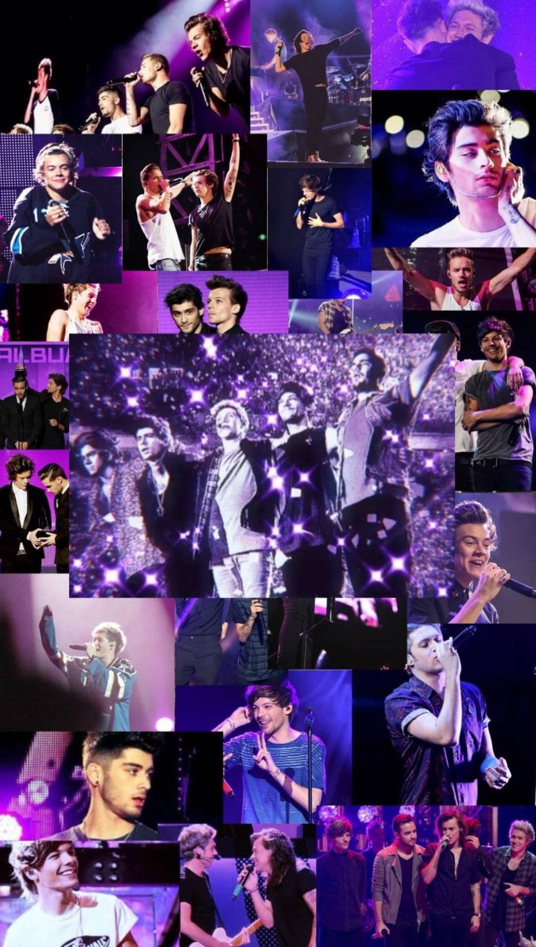 One Direction Aesthetic 桌布 壁紙 — 一幅充滿活力的拼貼畫，描繪流行歌星在紫色燈光下與閃閃發光的群眾效果在舞台上表演。