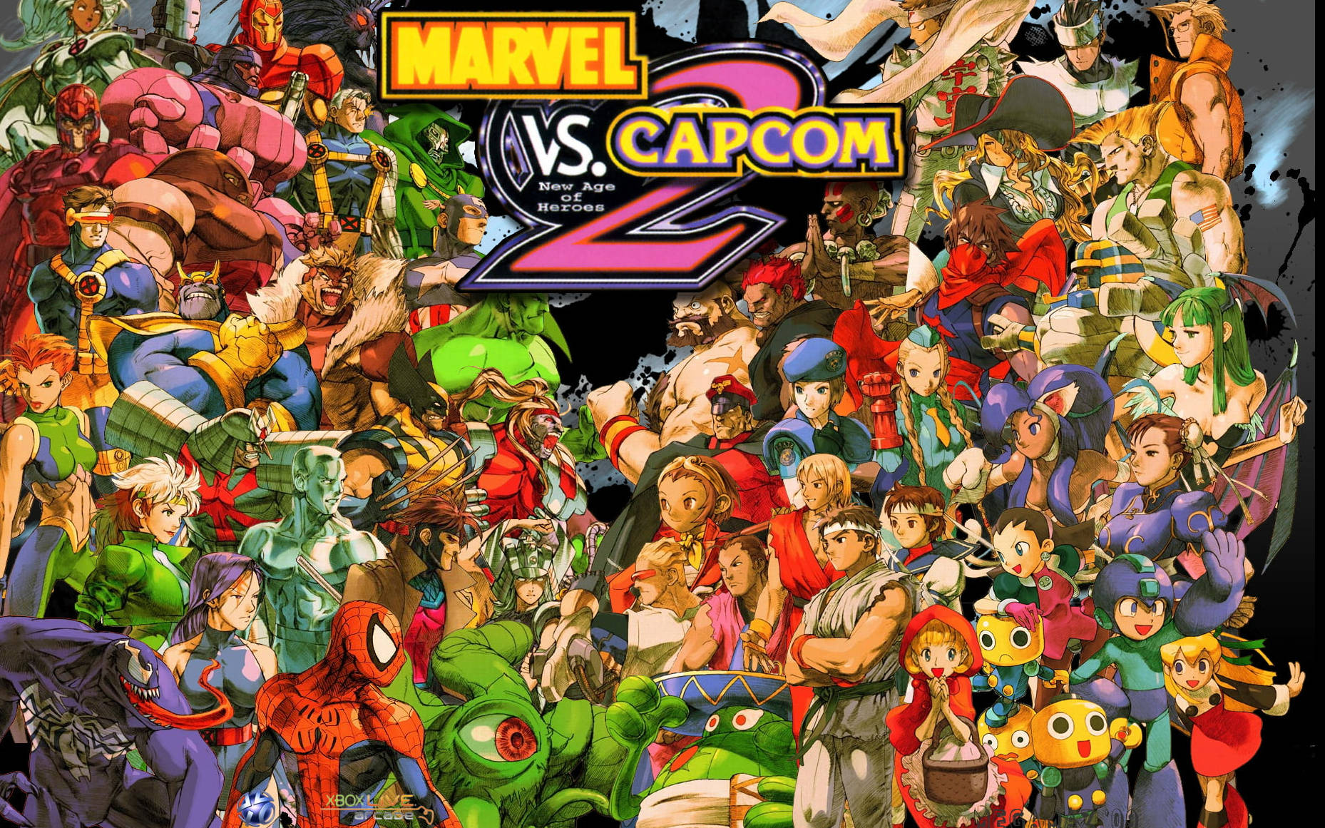 Capcom 桌布 壁紙 — 一幅充滿活力的拼貼畫，描繪漫威和卡普空角色以動態姿勢從「Marvel vs. Capcom 2」標誌中迸發而出。