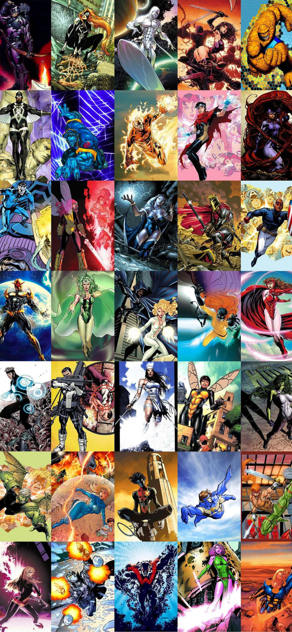 iPhone Xs Marvel 桌布 壁紙 — 一幅充滿活力的拼貼畫，描繪漫畫書中的超級英雄和反派在色彩繽紛的畫面中擺出動態動作姿勢。