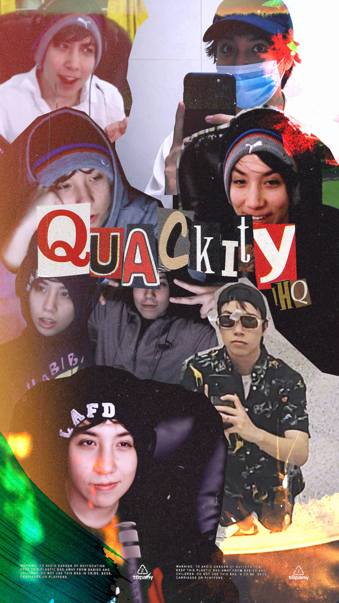 Quackity 桌布 壁紙 — 一幅充滿活力的拼貼畫，描繪穿著街頭服飾的年輕人，在色彩繽紛的抽象背景前，拿著手機和口罩擺姿勢。