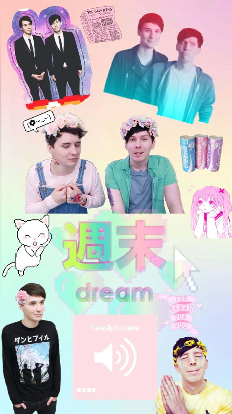 dan and phil 桌布 壁紙 — 一幅充滿活力的拼貼畫，描繪身穿色彩繽紛服裝的年輕男性，帶有動漫元素和可愛文字，背景為柔和漸變色。