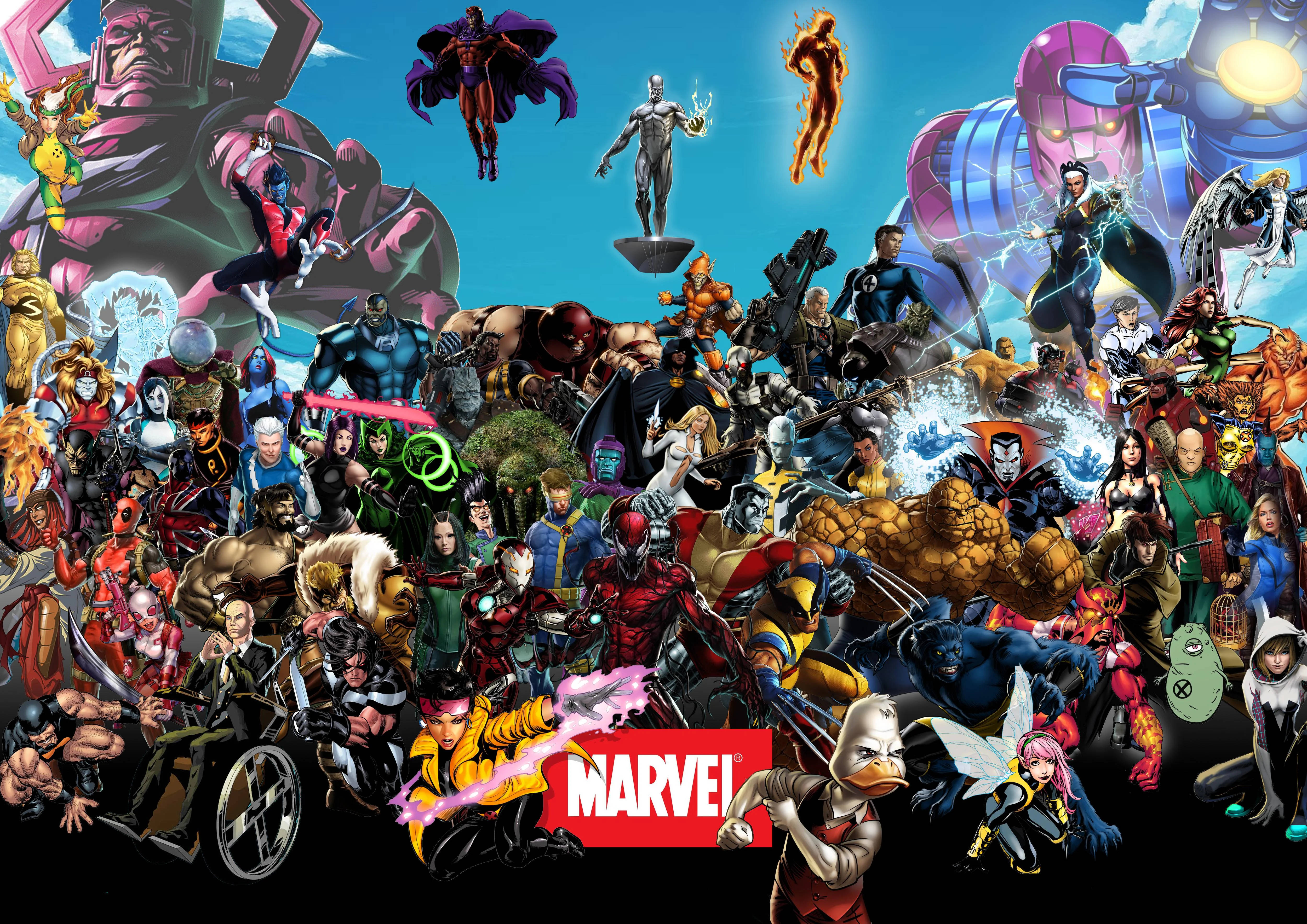 Marvel Desktop 桌布 壁紙 — 一幅充滿活力的拼貼畫，數百個Marvel超級英雄和反派在明亮的藍天下動態擺姿勢，底部有Marvel標誌。