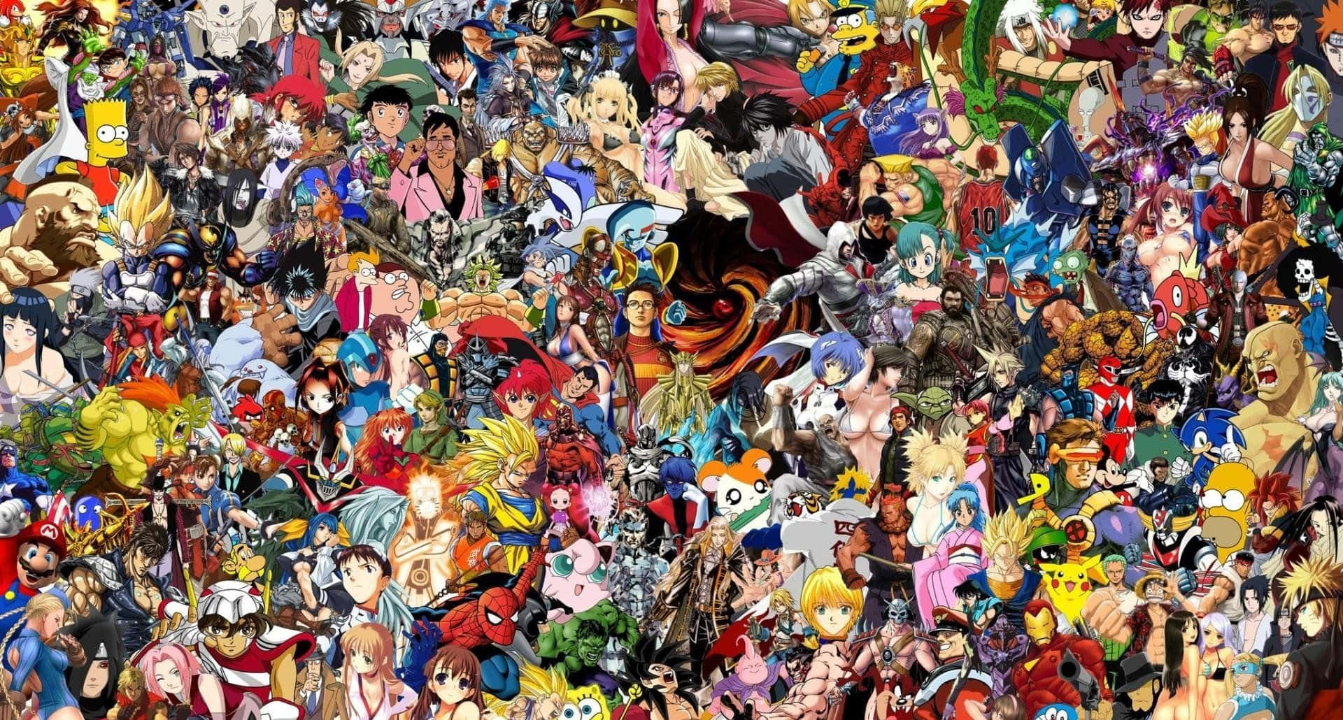 All Cartoon Characters 桌布 壁紙 — 一幅充滿活力的拼貼畫，數百個動漫和卡通人物密密麻麻地擠在一起，形成一場混亂的流行文化慶典。